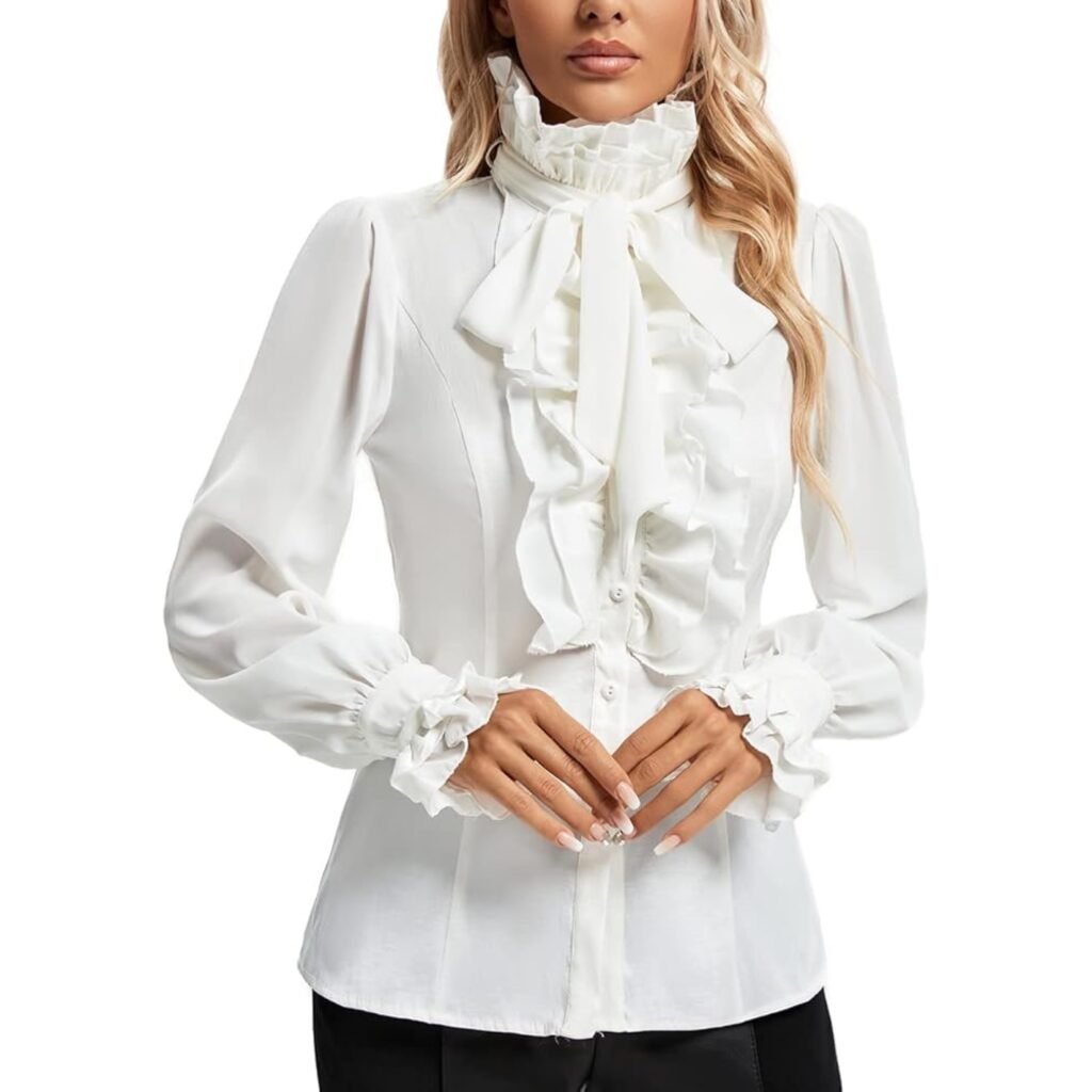 Affordable 2026 fashion trends: Victorian-inspired white ruffle blouse for romantic textures.