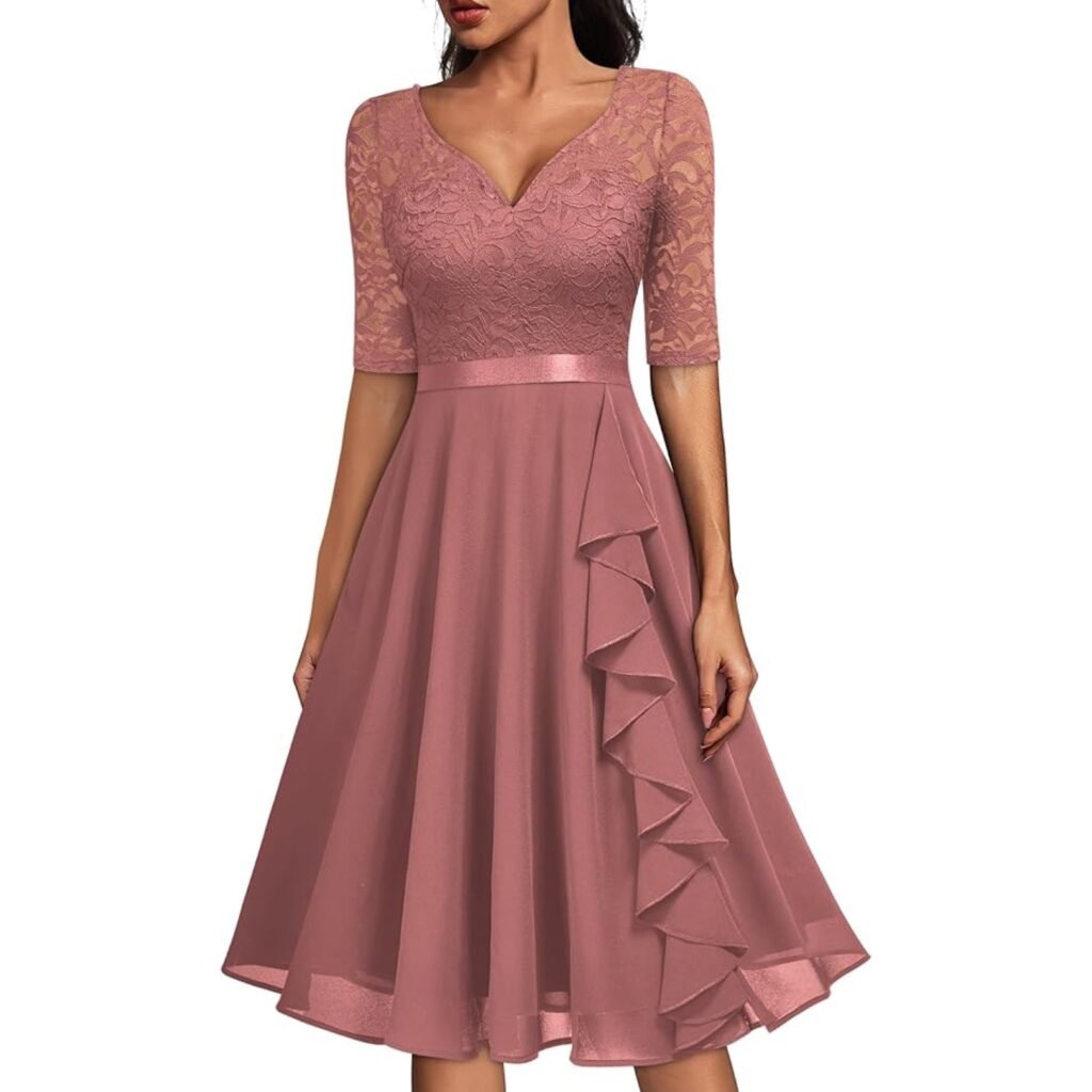 Affordable 2026 fashion trends: mauve pink lace midi dress with romantic textures.