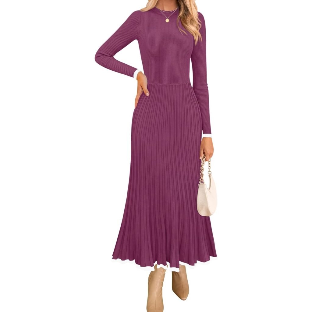 Affordable 2026 fashion trends: magenta pleated long-sleeve maxi dress for relaxed silhouettes.