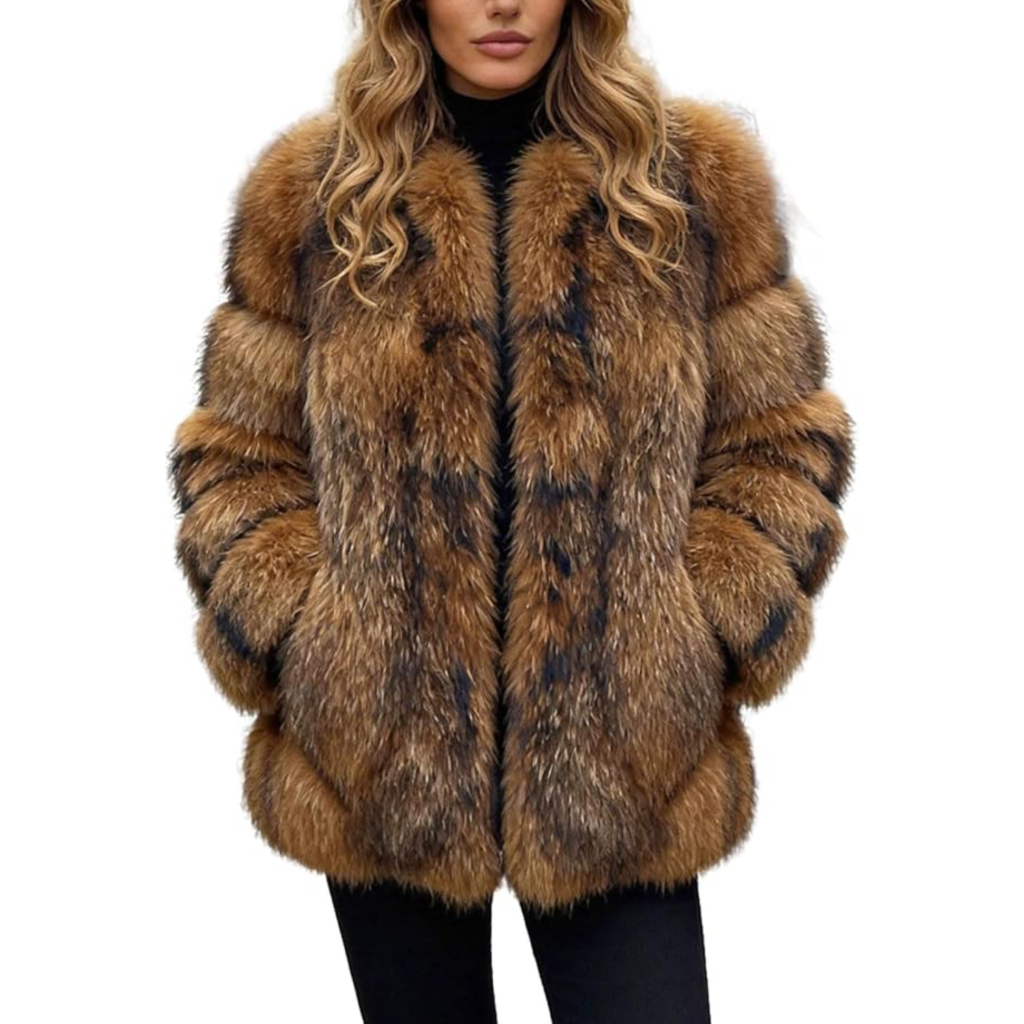 Affordable 2026 fashion trends: brown multi-tone faux fur coat for a statement winter look.