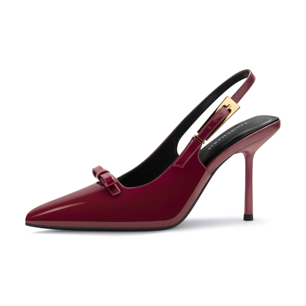 Affordable 2026 fashion trends: elegant burgundy pointed-toe patent slingback heels for a sophisticated statement.