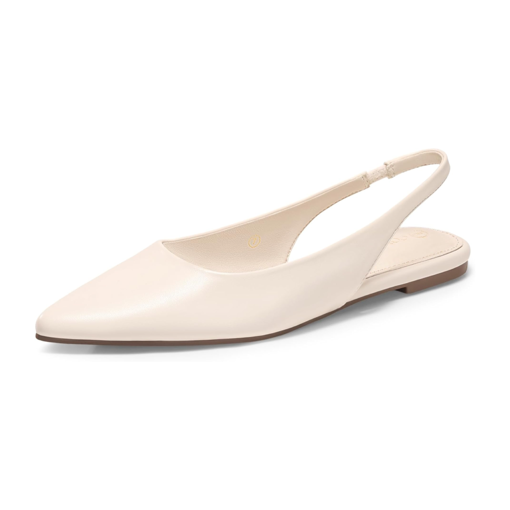Affordable 2026 fashion trends: chic beige pointed-toe flat slingbacks for an effortless quiet luxury look.