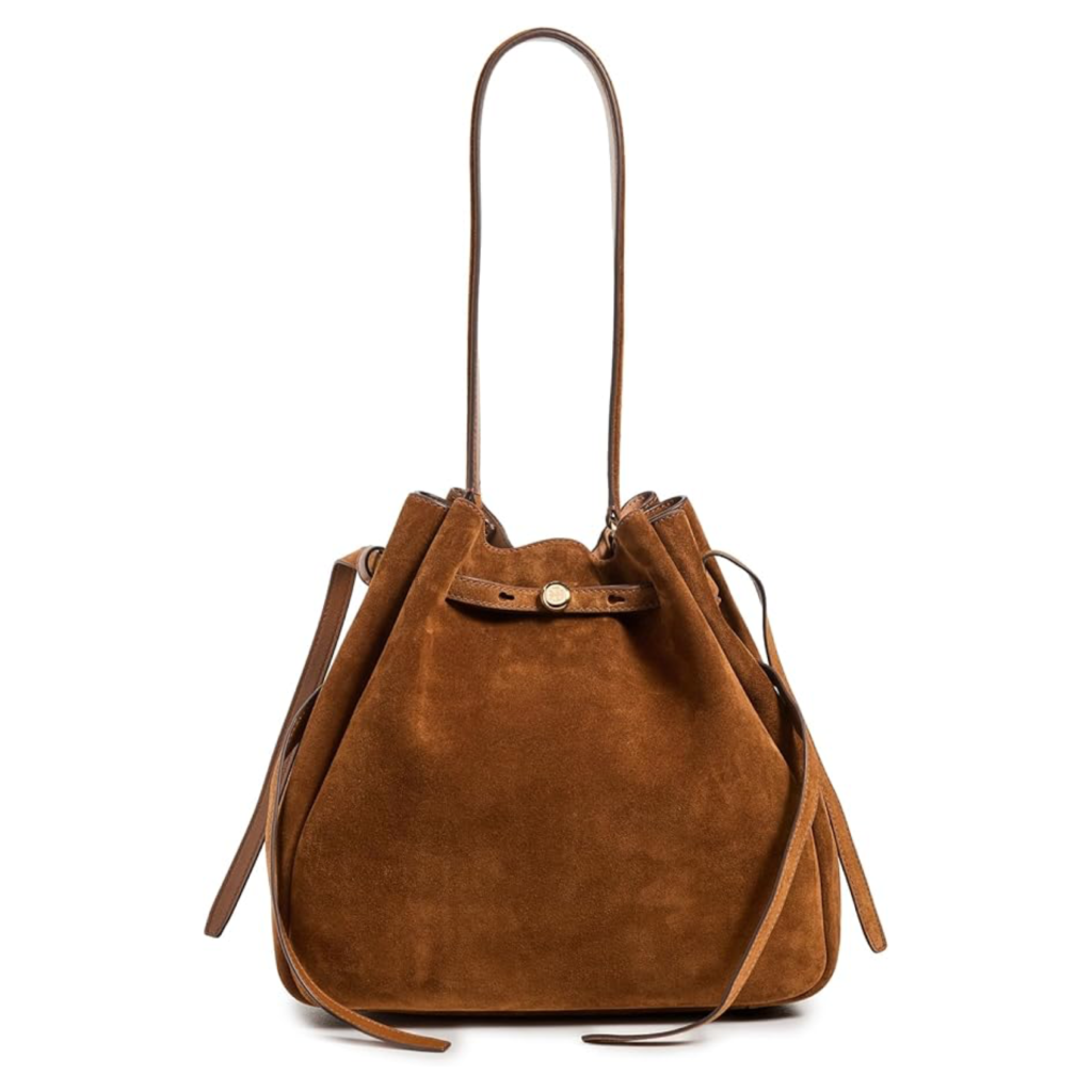 Affordable 2026 fashion trends: chocolate brown suede bucket bag for a rich, textured quiet luxury look.