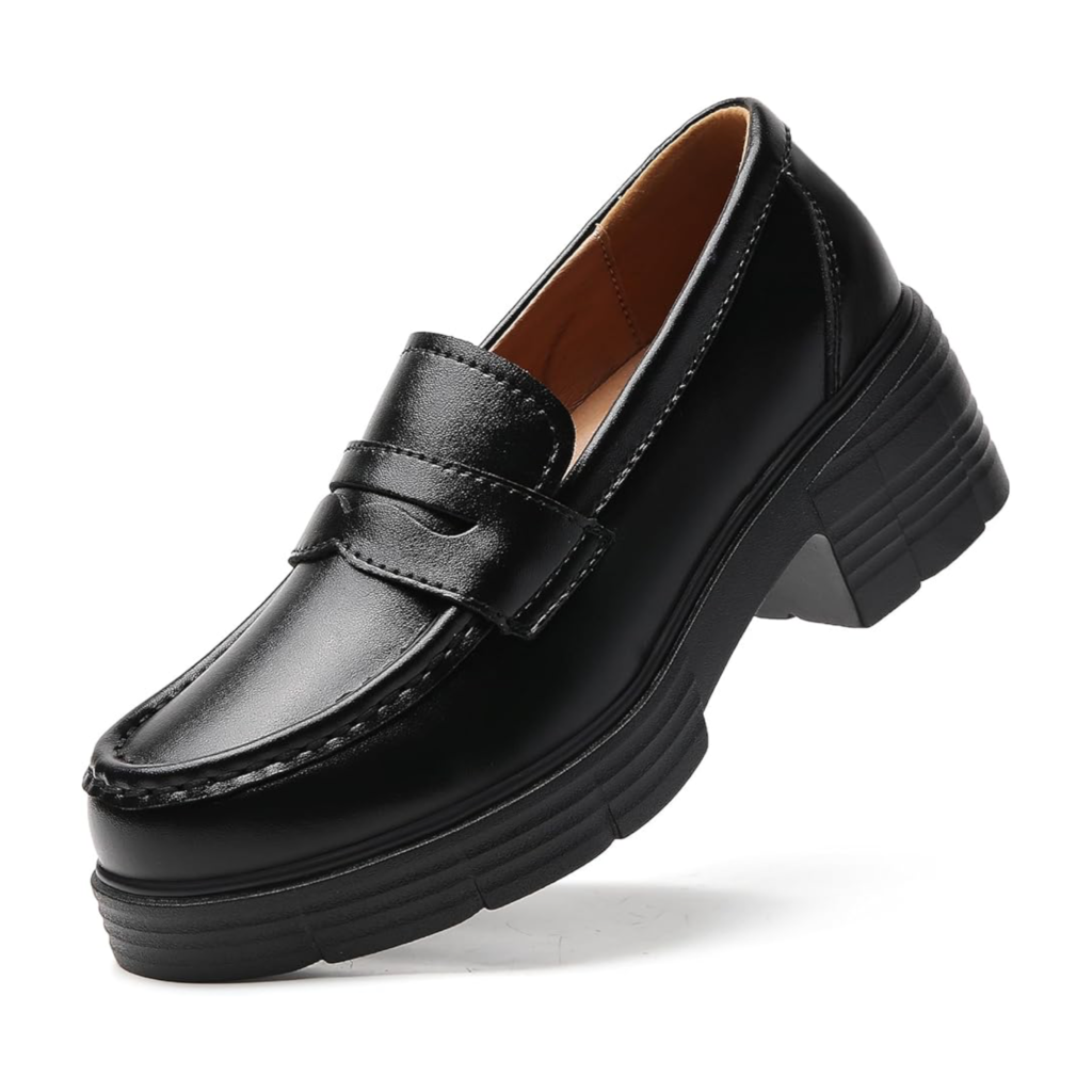 TKKAE women's platform chunky loafers in black leather with a thick lug sole, penny loafer strap, and rounded toe on a white background.