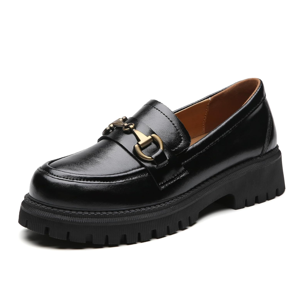 OKJ women's chunky platform loafers in black with a gold horsebit detail and a thick lug sole on a white background.