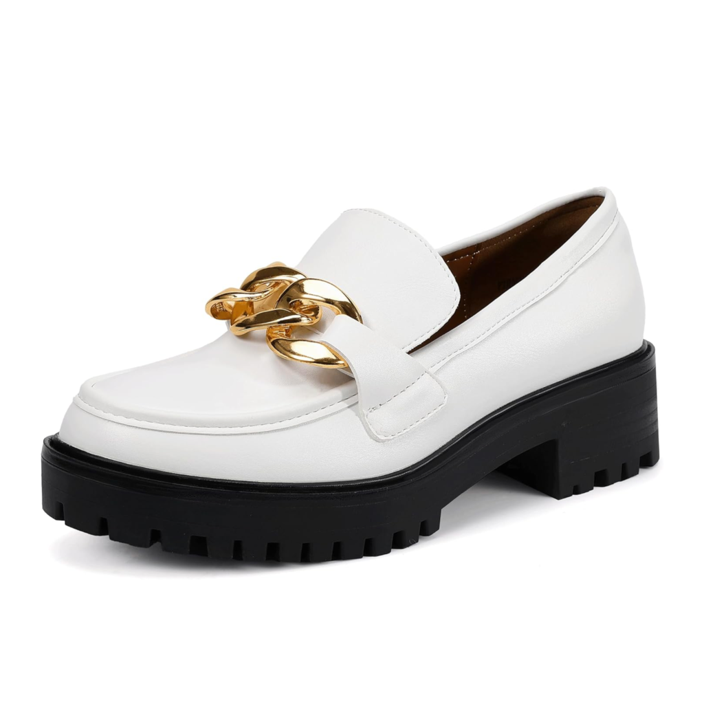 IDIFU IN2 women's platform loafers in white leather featuring a chunky black lug sole and a decorative gold metal chain across the vamp.