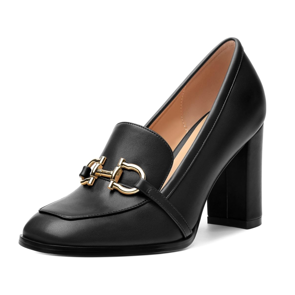 WEANDWEI women's high-heel loafers in black leather with a bold square toe, gold horsebit hardware, and a sturdy block heel on a white background.