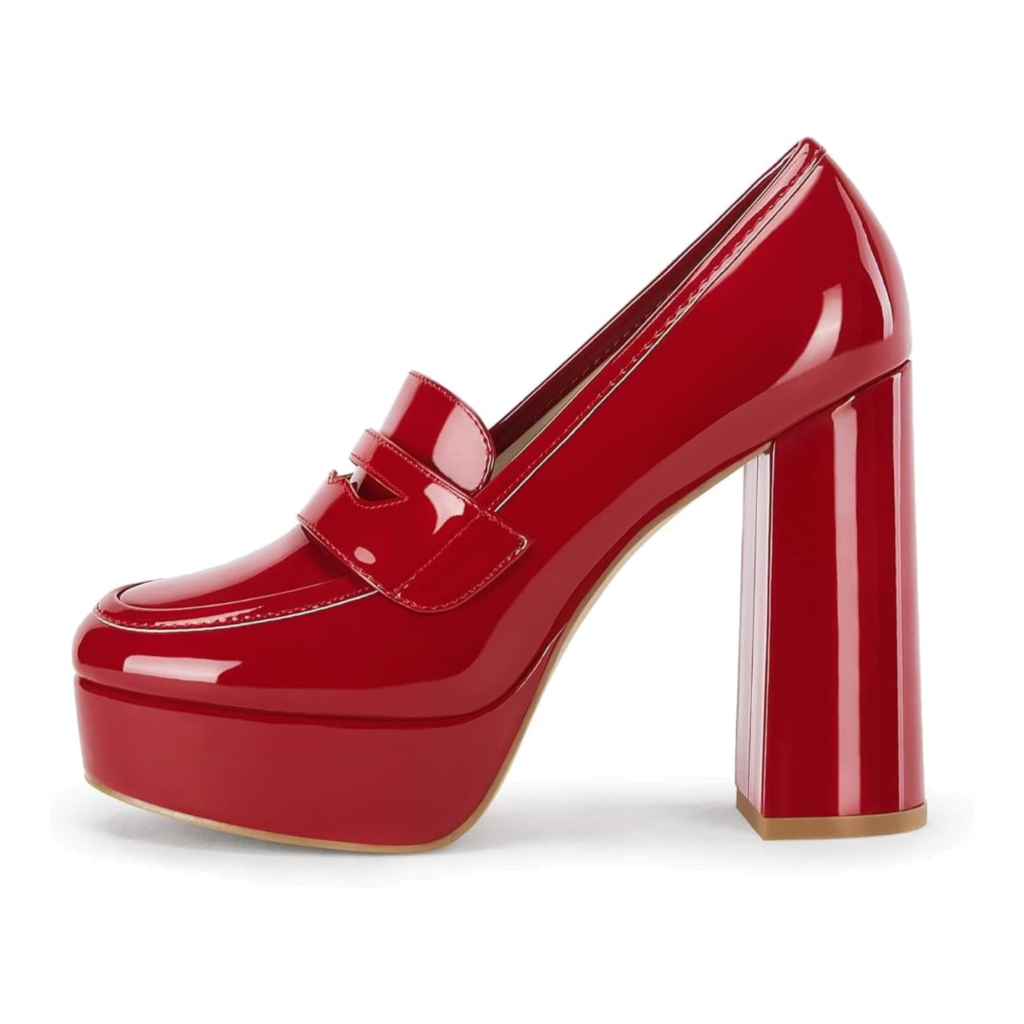 Coutgo women's platform heeled loafers in vibrant red patent leather featuring a chunky high block heel, closed square toe, and a glossy finish on a white background.