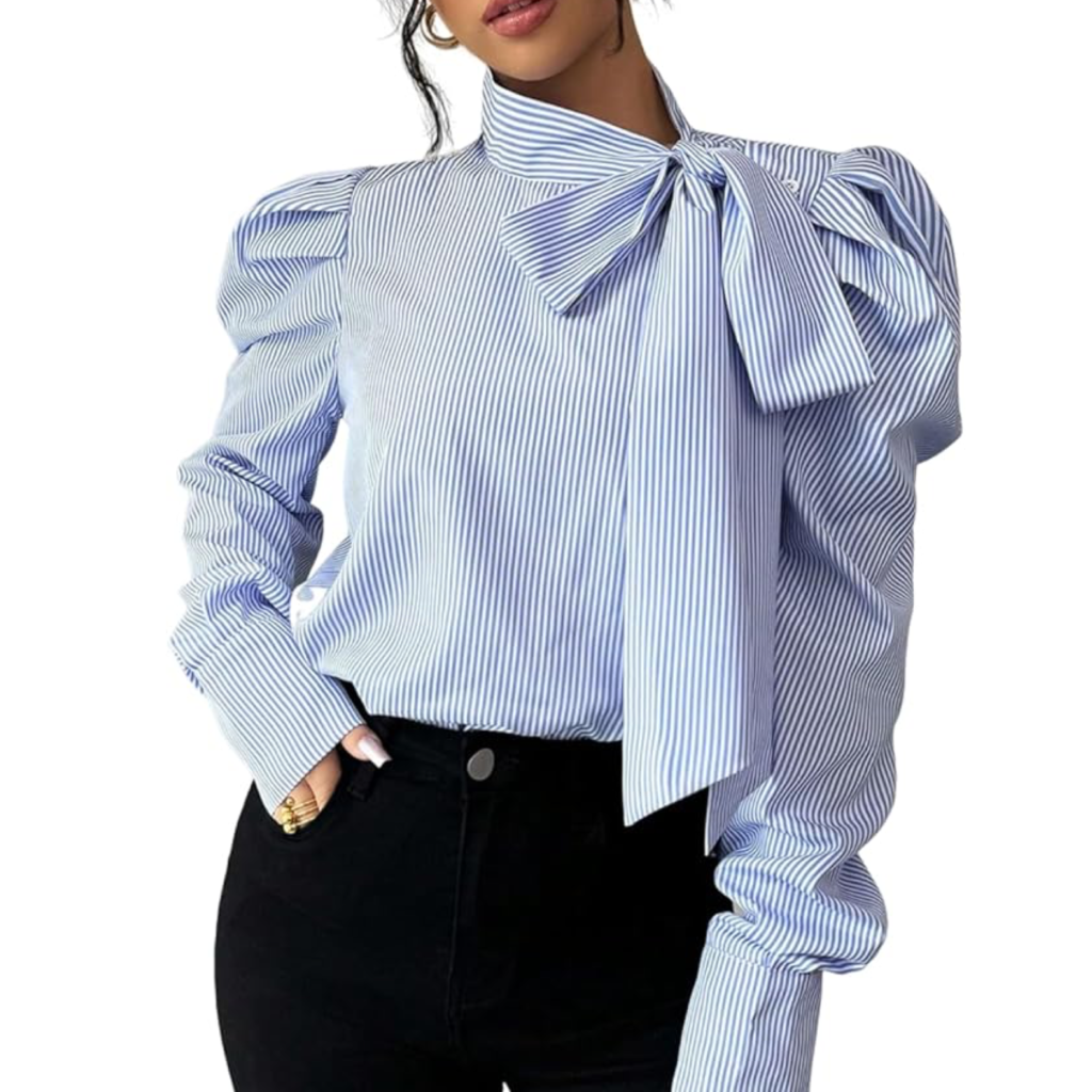 A woman wearing a blue and white striped bow tie blouse with voluminous puff sleeves, tucked into black trousers for a modern, professional or casual style