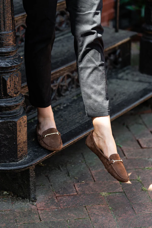 Brown suede women's loafers with horsebit hardware—an elevated and soft footwear staple for a 2026 spring wardrobe