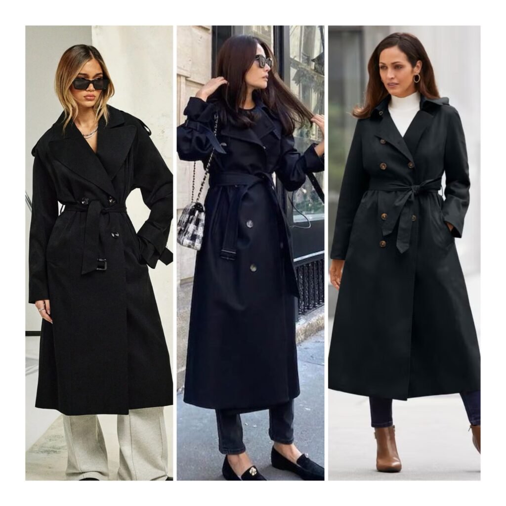 Collage of women styling black trench coats, showcasing sophisticated and powerful 2026 fashion trends.