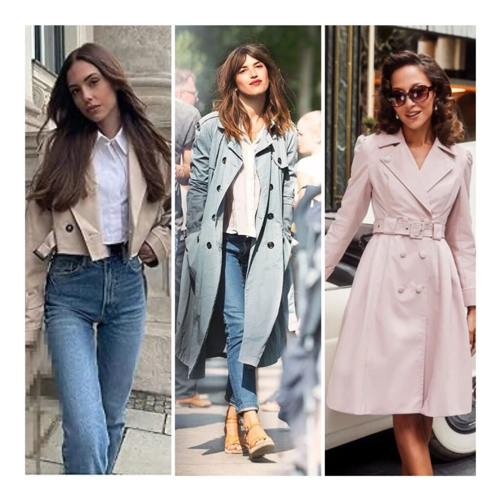 Collage of women styling lightweight spring trench coats in stone and cream tones for a fresh 2026 look.