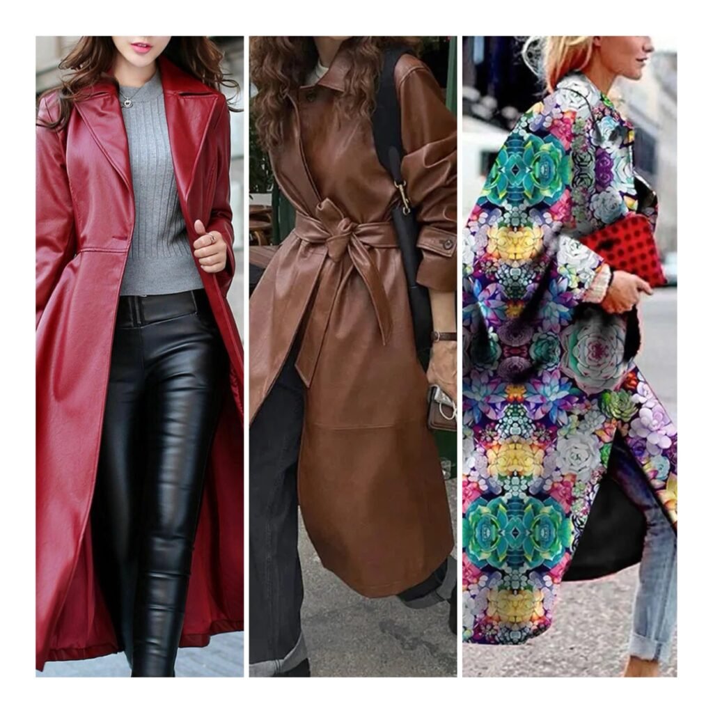 Collage showcasing various statement trench coats for 2026, featuring faux leather textures and deep chocolate brown tones.