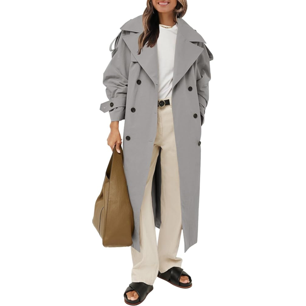 Farktop women's oversized long trench coat in khaki, featuring a relaxed drape and double-breasted front for 2026.