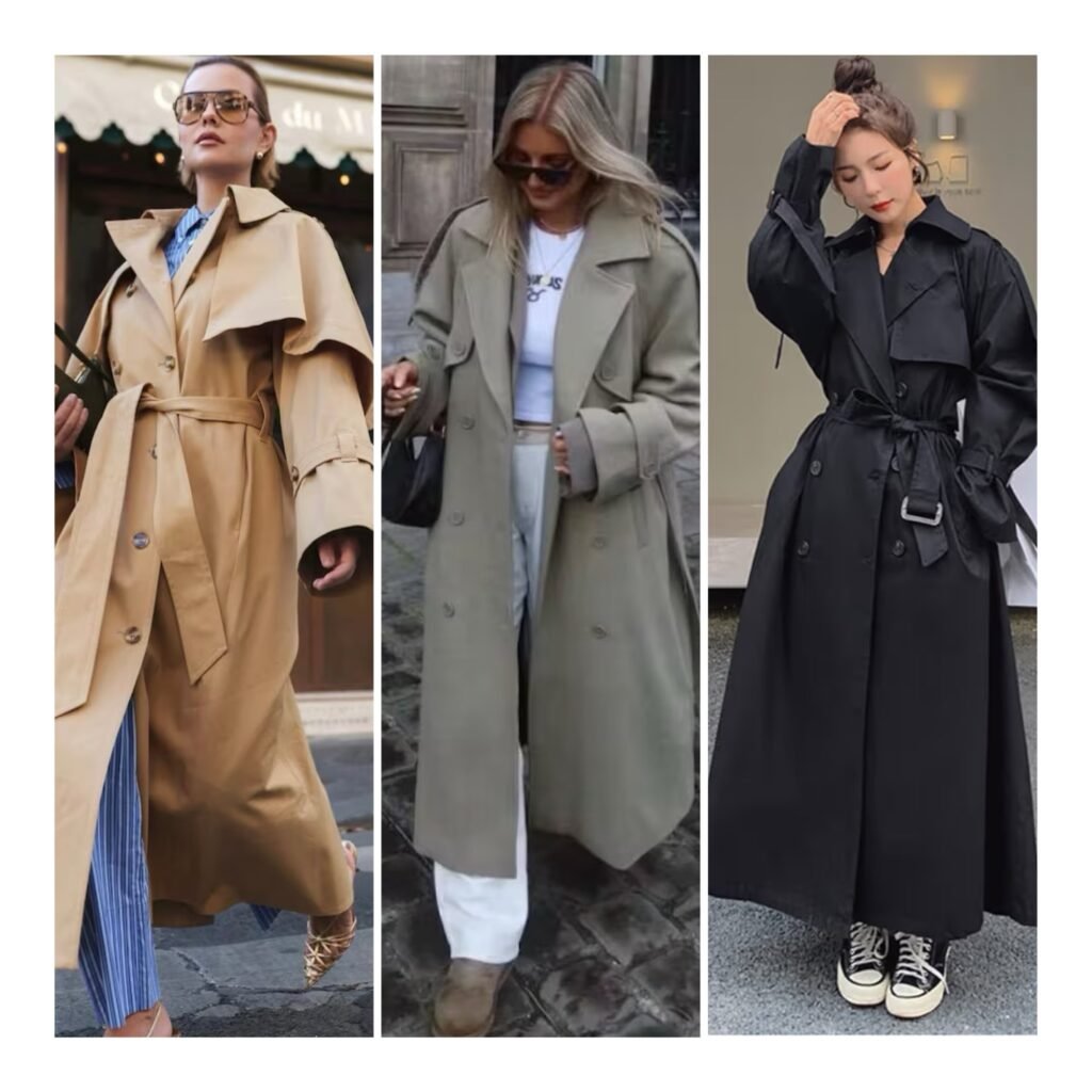 Collage of women styling oversized trench coats, a major 2026 fashion trend for a relaxed and modern look.