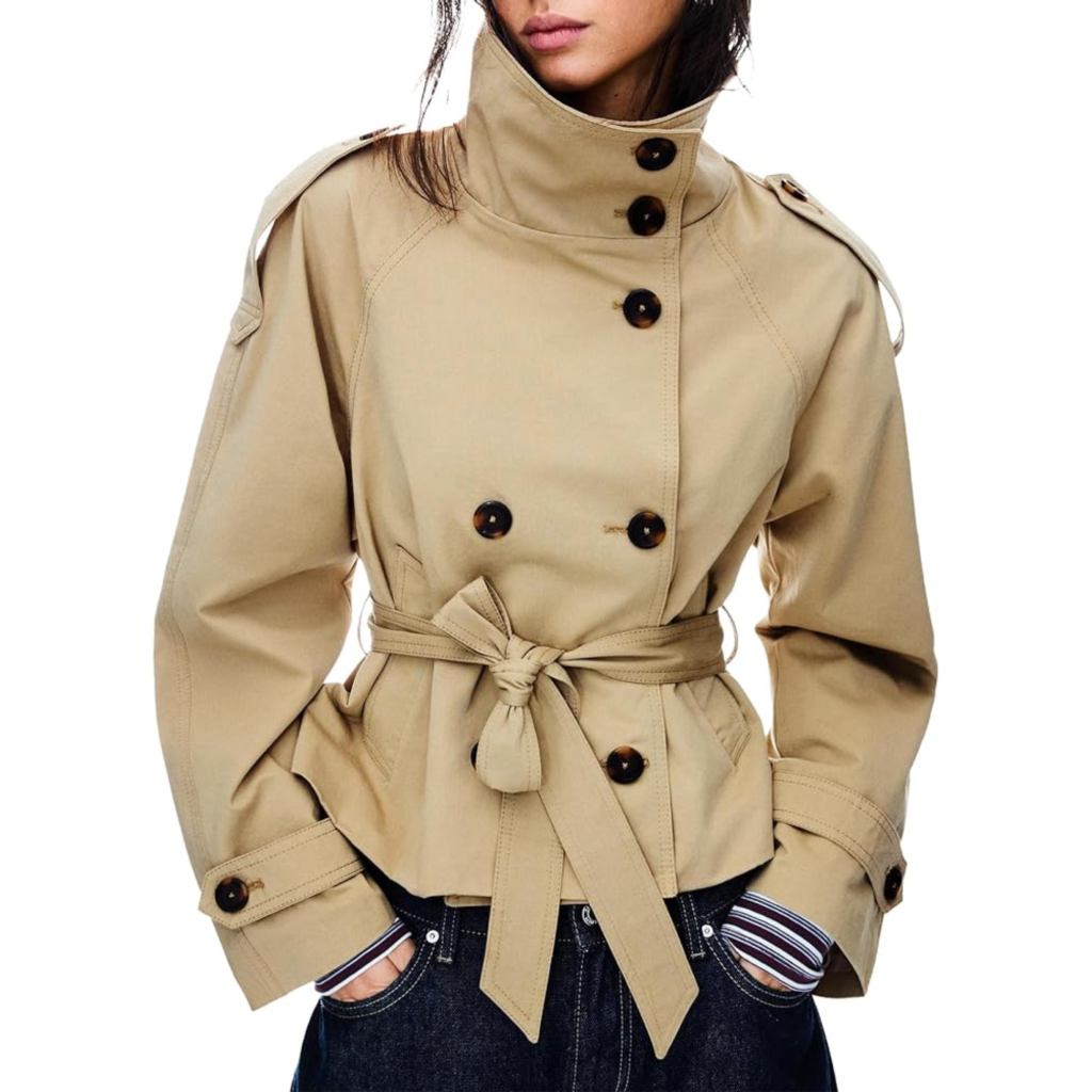 Maohao women's cropped khaki trench coat, a modern and chic 2026 spring fashion trend.