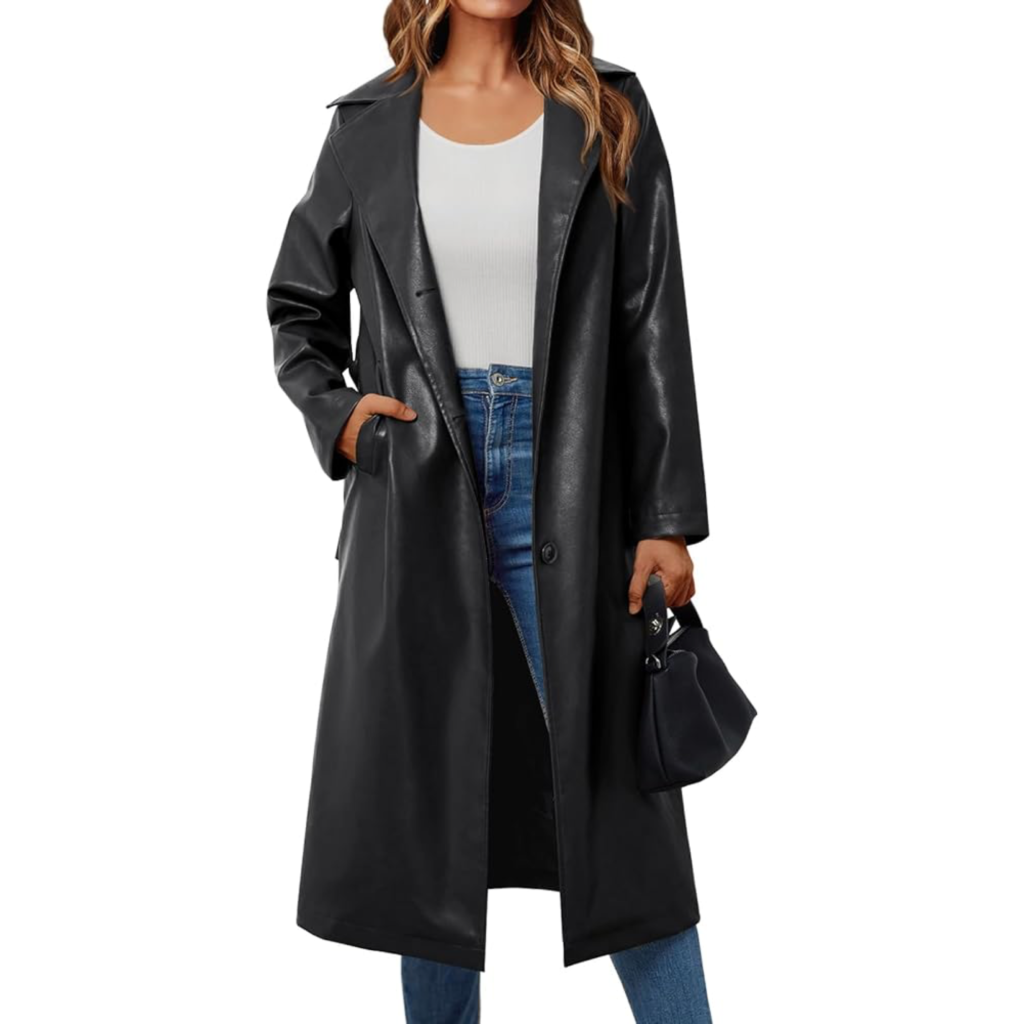 Trendy Queen women's long lapel faux leather trench coat in chocolate brown, a top 2026 fashion trend.