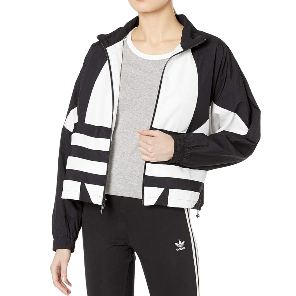 Adidas women's 3-stripes lightweight satin jacket in black and white for sporty chic styling.