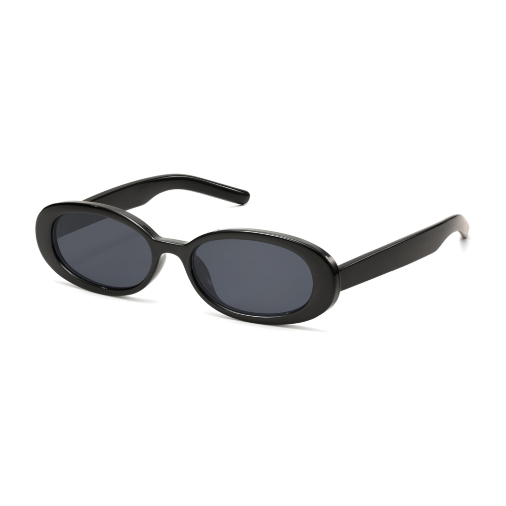 LIKSMU retro small oval 90s style sunglasses in black to finish an off-duty street style outfit.