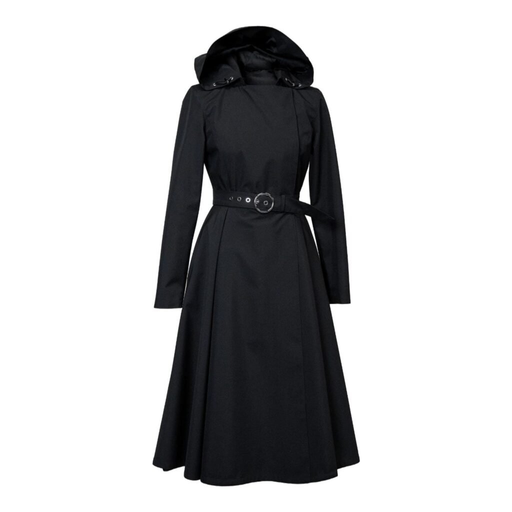 Rain Sisters Timeless Black Trench Coat, a waterproof and sharply tailored duster-length trench with a feminine, flared skirt-like silhouette for 2026.