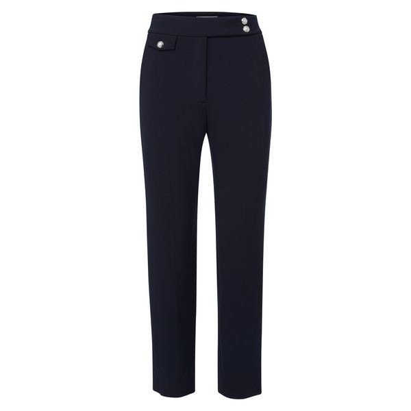 A pair of sophisticated navy blue high-waisted tailored trousers with button details, featured on The Posh EdiT as a spring capsule wardrobe essential