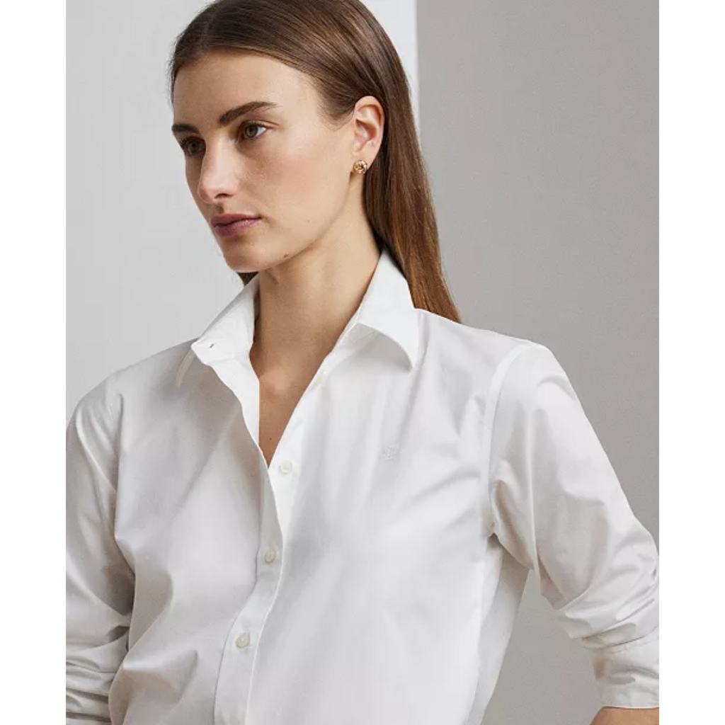 Classic white Ralph Lauren button-down shirt styled for a spring capsule wardrobe