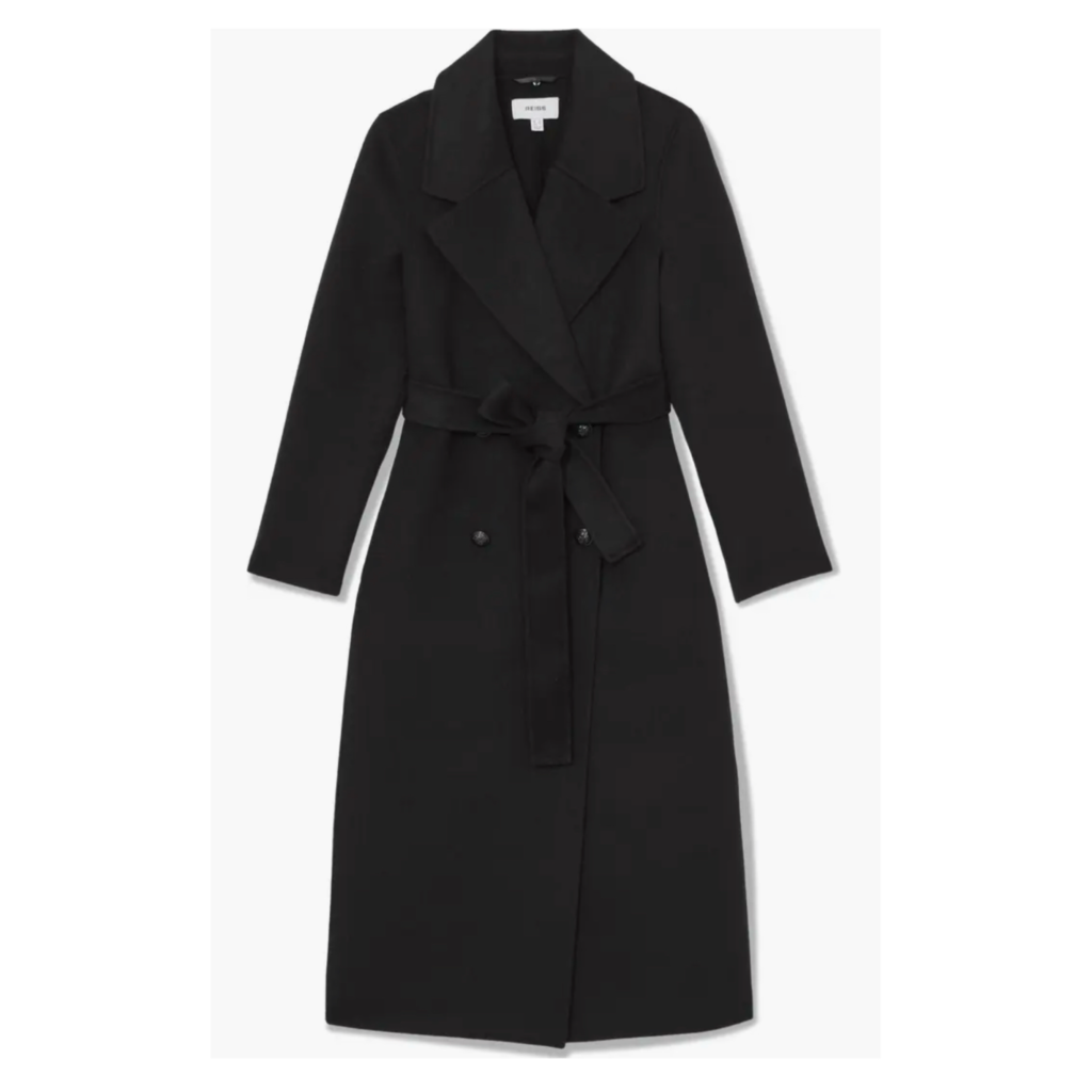 The REISS Dorian Wool Blend Coat in black, featuring a longline silhouette, structured notch lapels, and a waist-defining tie belt for a minimalist 90s aesthetic.