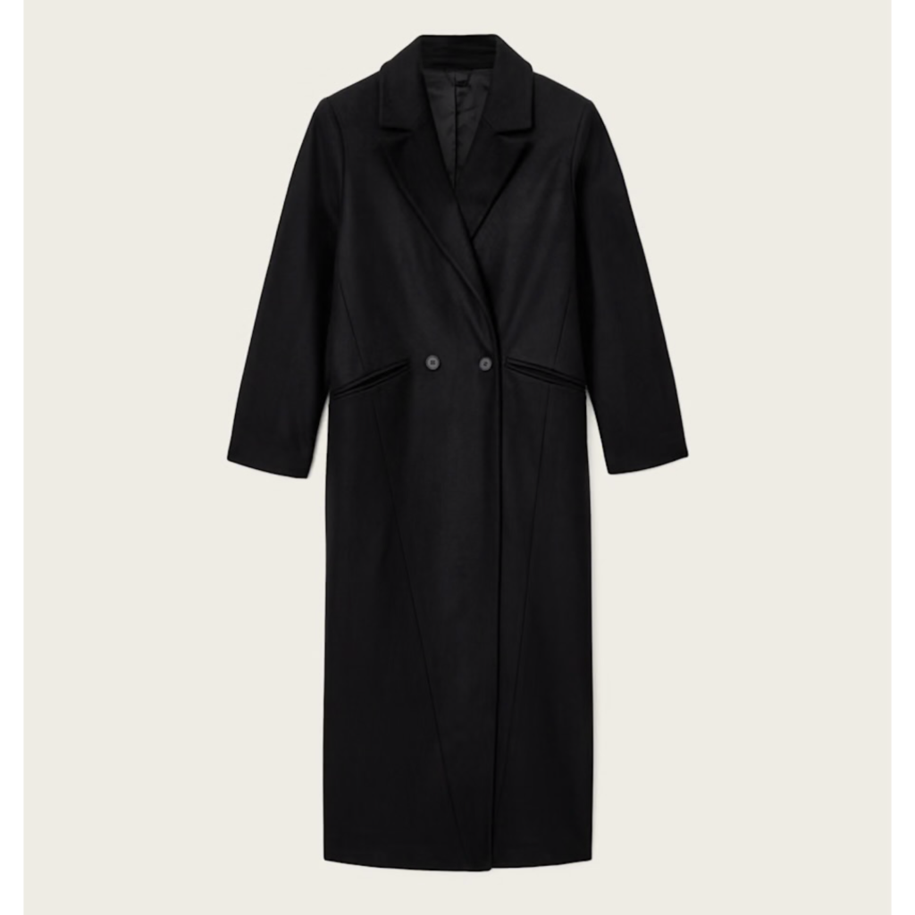 The ALLSAINTS Nellie Double Breasted Coat in black, featuring a structured wool-blend fabric, traditional notched lapels, and a classic six-button front for a 90s minimalist look.