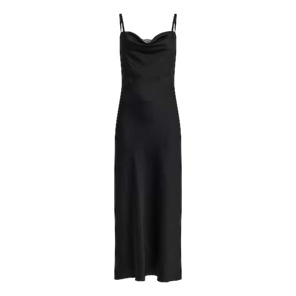 The Express Satin Cowl Neck Lace Maxi Slip Dress in black, featuring a graceful cowl neckline, delicate lace detailing at the back, and a floor-length minimalist silhouette.
