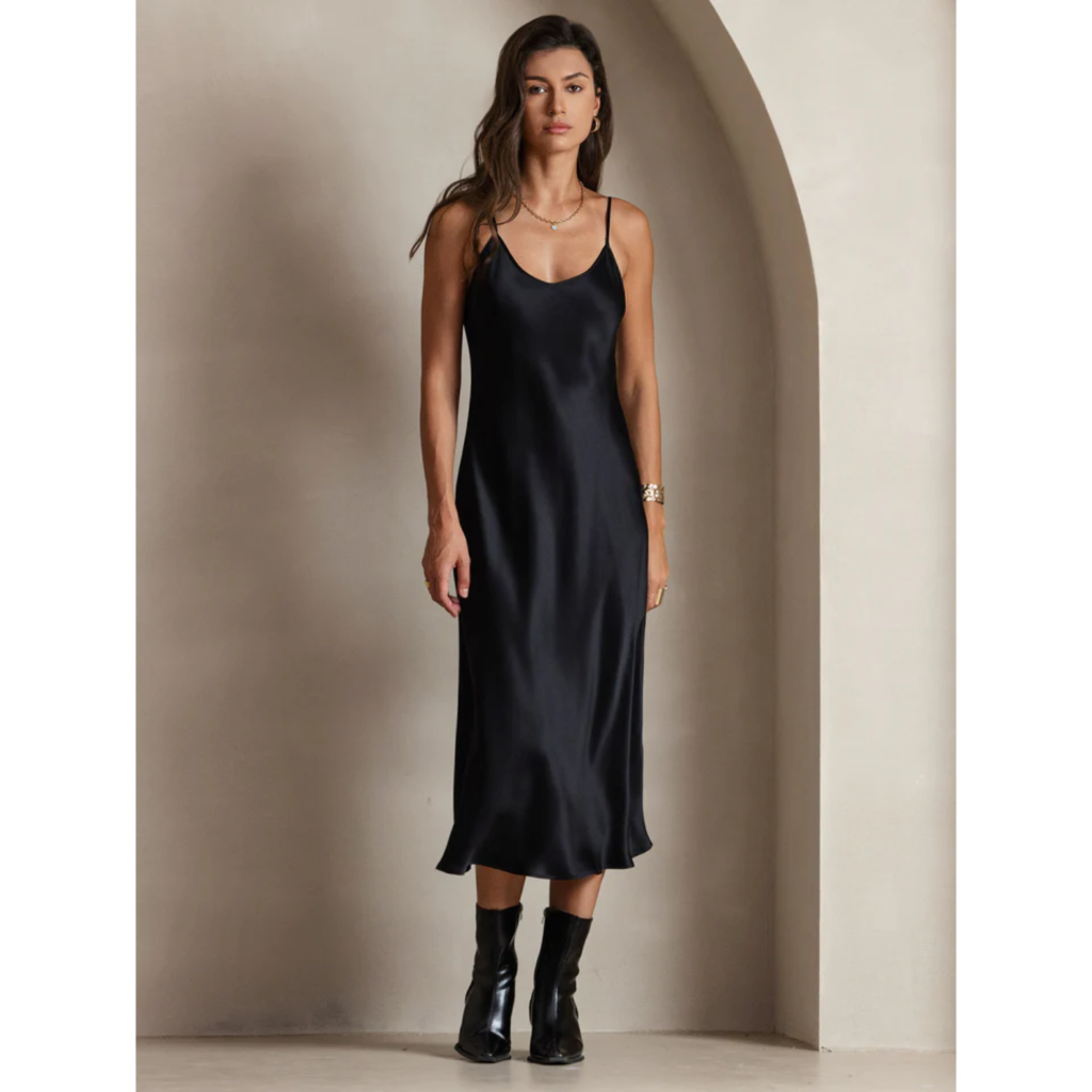 The Silk Silky Spaghetti Strap Midi Dress in black, featuring a sleek V-neckline, thin adjustable straps, and a fluid silk silhouette that captures the essence of 90s minimalism